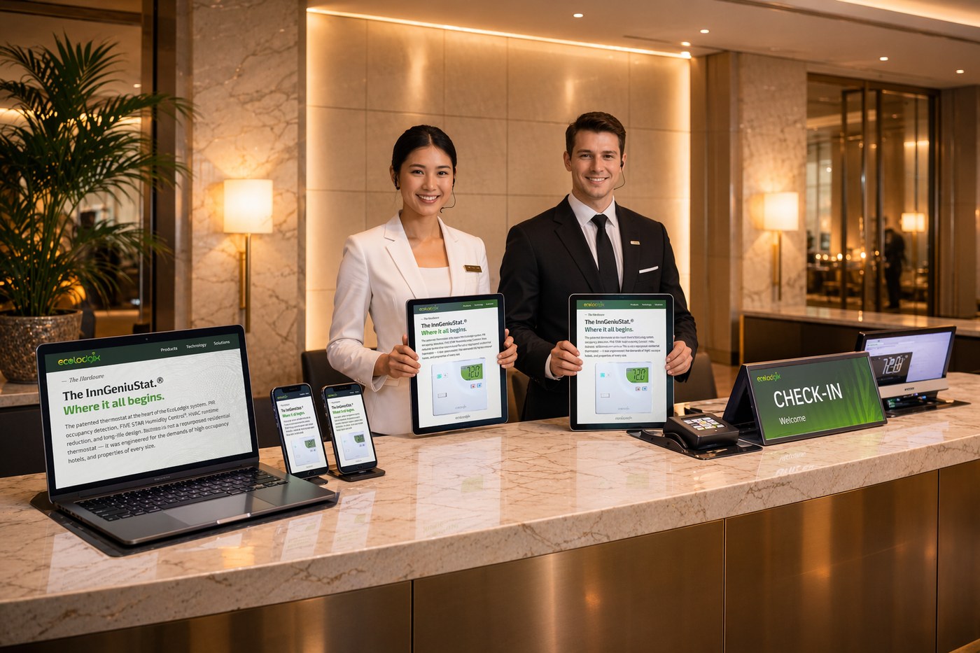 Hotel staff presenting EcoLodgix system at the front desk