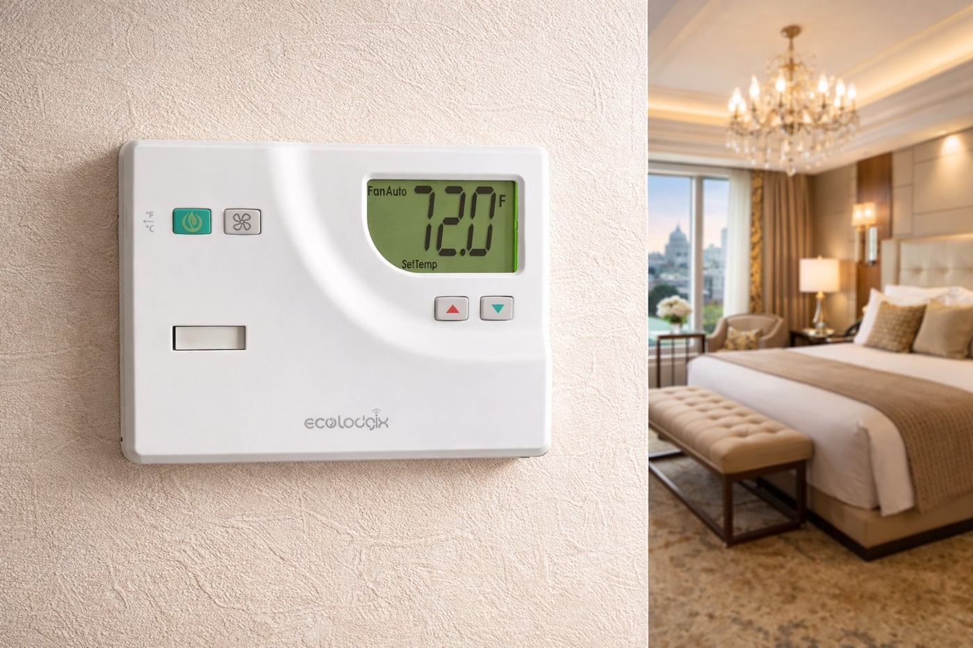 InnGeniuStat® smart thermostat mounted in luxury hotel suite by EcoLodgix