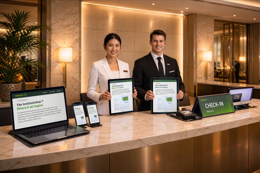 Hotel front desk staff presenting EcoLodgix InnGenius on tablet
