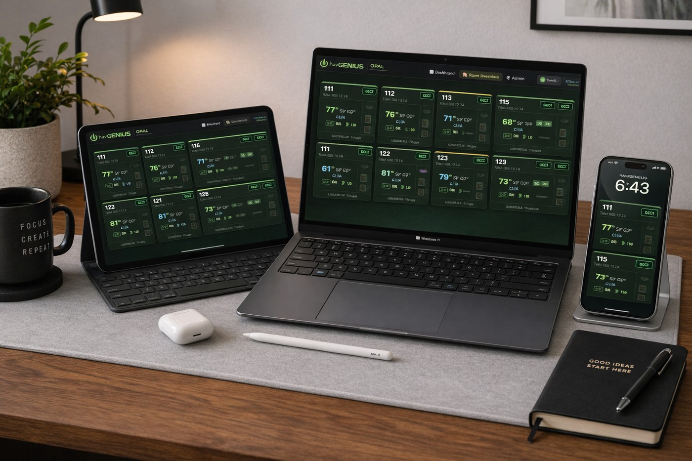 InnGenius Opal Room Overview running on laptop, tablet and iPhone