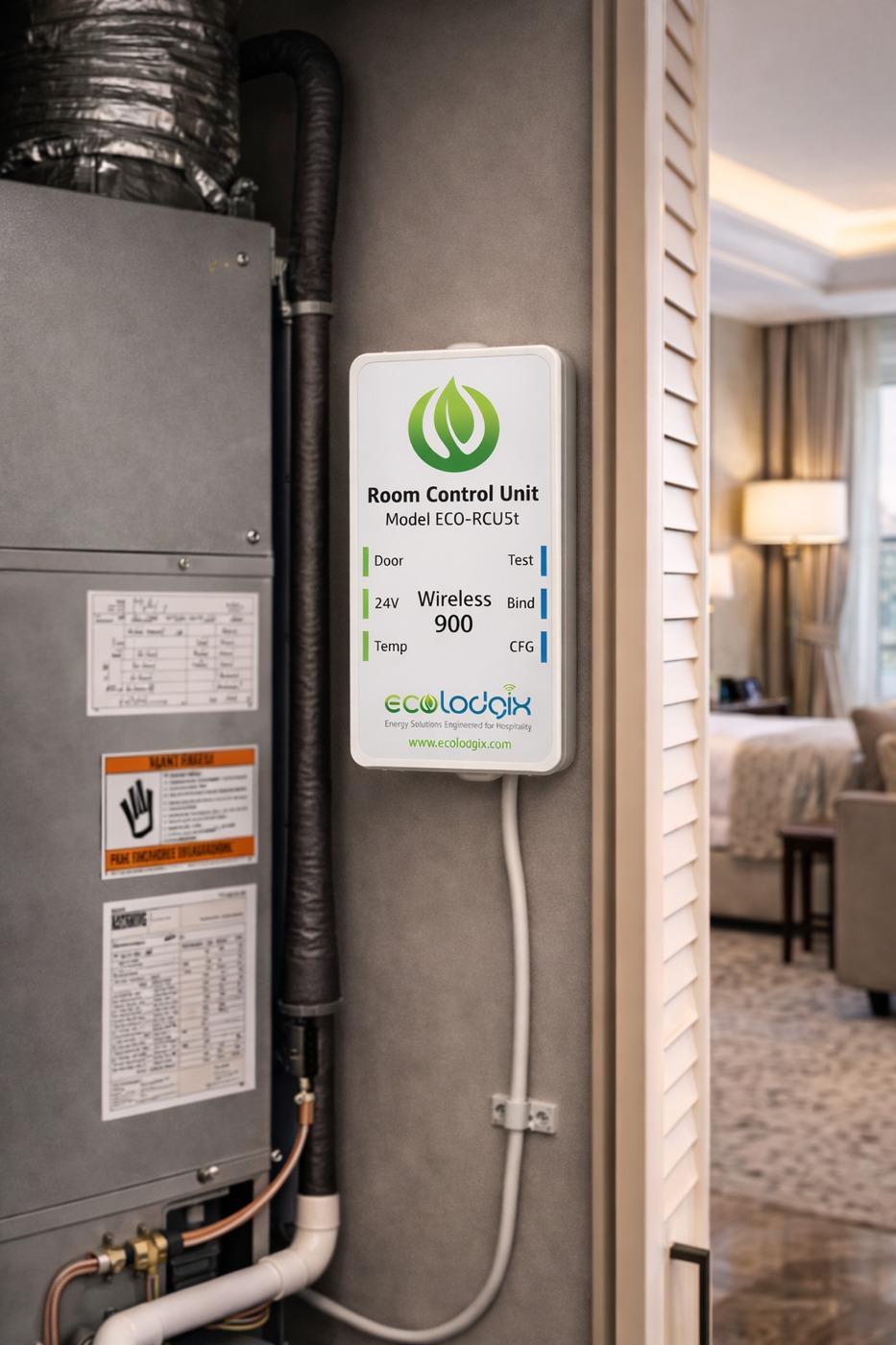 EcoLodgix Room Control Unit ECO-500750 mounted next to HVAC unit in hotel suite