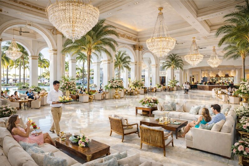 Luxury full-service hotel lobby with crystal chandeliers and marble floors