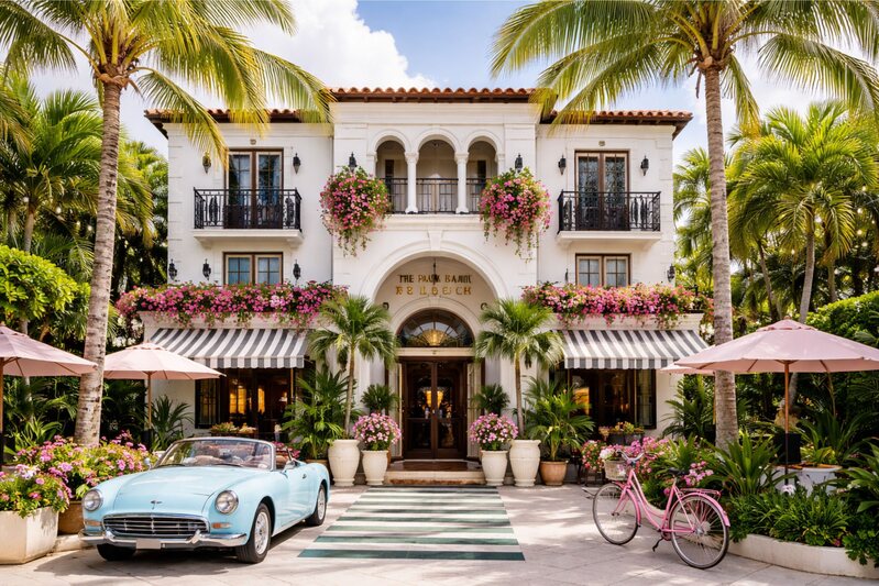 Charming boutique hotel exterior with tropical landscaping and vintage car