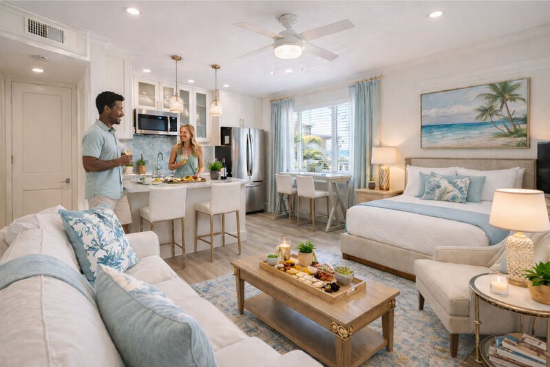 Modern extended-stay suite with kitchenette and comfortable living area